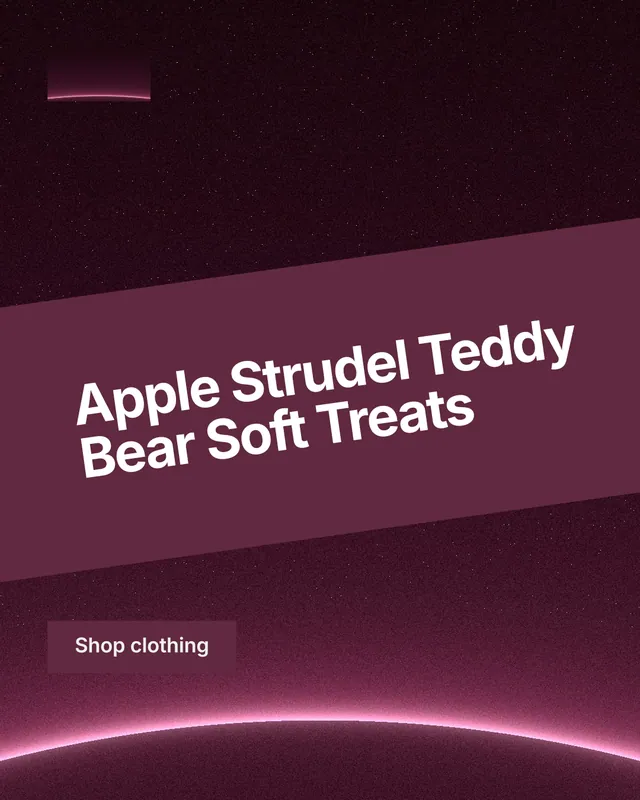 Instagram portrait post for By Teddy: "Apple Strudel Teddy Bear Soft Treats". Swiss style, diagonal layout, dark palette in black, red, pink.