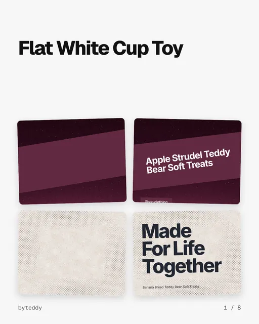 Carousel for By Teddy: "Flat White Cup Toy". Collection carousel, 8 slides, light palette.