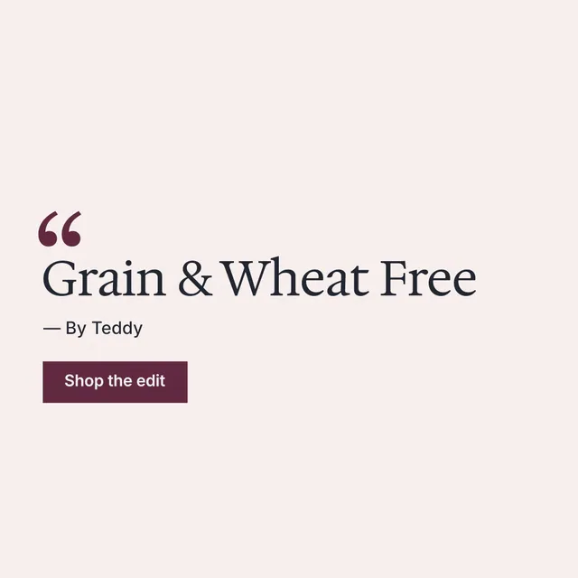 Instagram post for By Teddy: "Grain & Wheat Free". Swiss style, quote layout, light palette in white.