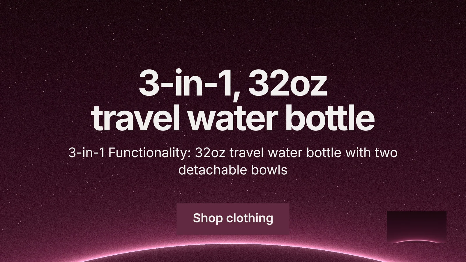 Landscape graphic for By Teddy: "3-in-1, 32oz travel water bottle". Swiss style, centred layout, dark palette in pink, black.