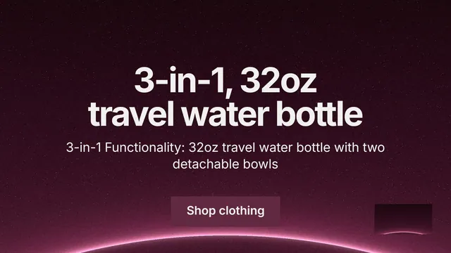 Landscape graphic for By Teddy: "3-in-1, 32oz travel water bottle". Swiss style, centred layout, dark palette in pink, black.