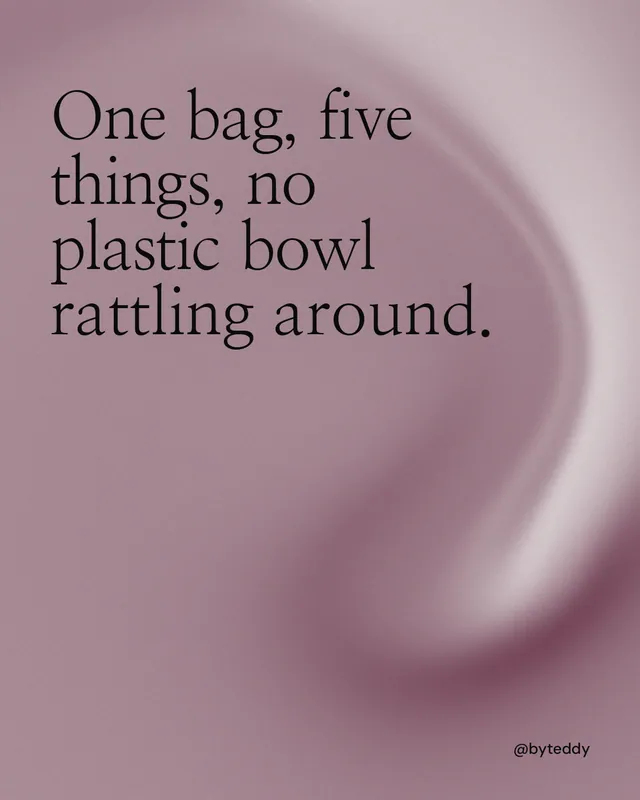 Instagram portrait post for By Teddy: "One bag, five things, no plastic bowl rattling around." Auto 4x5 style, technique:shader field layout, light palette in grey.
