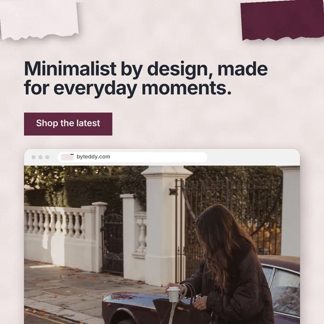Instagram post for By Teddy: "Minimalist by design, made for everyday moments." Swiss style, browser layout, light palette in red, grey, white.