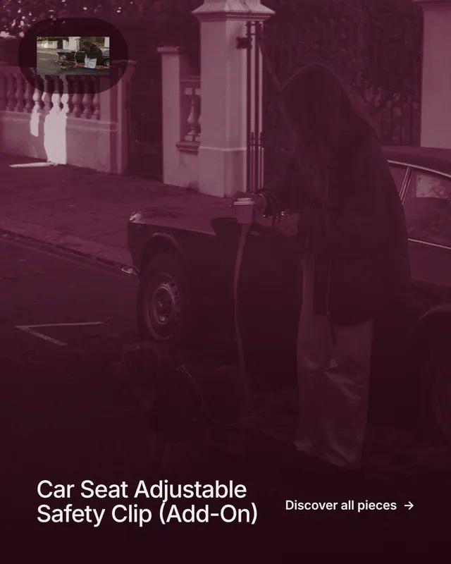 Instagram portrait post for By Teddy: "Car Seat Adjustable Safety Clip (Add-On)". Cyanotype style, image led layout, dark palette in red, black.