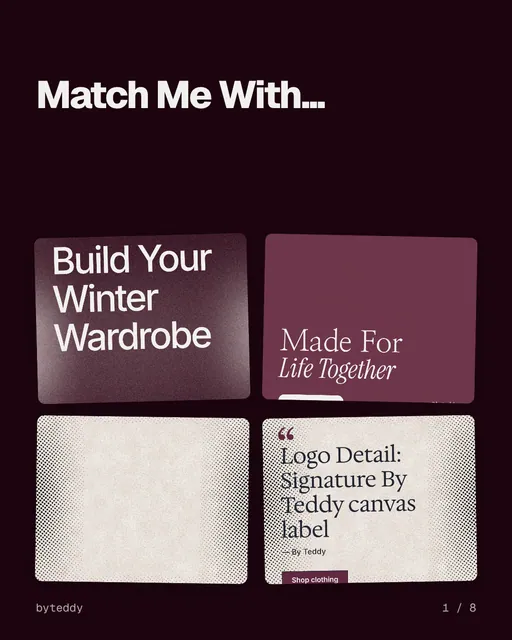 Carousel for By Teddy: "Match Me With...". Collection carousel, 8 slides, dark palette.