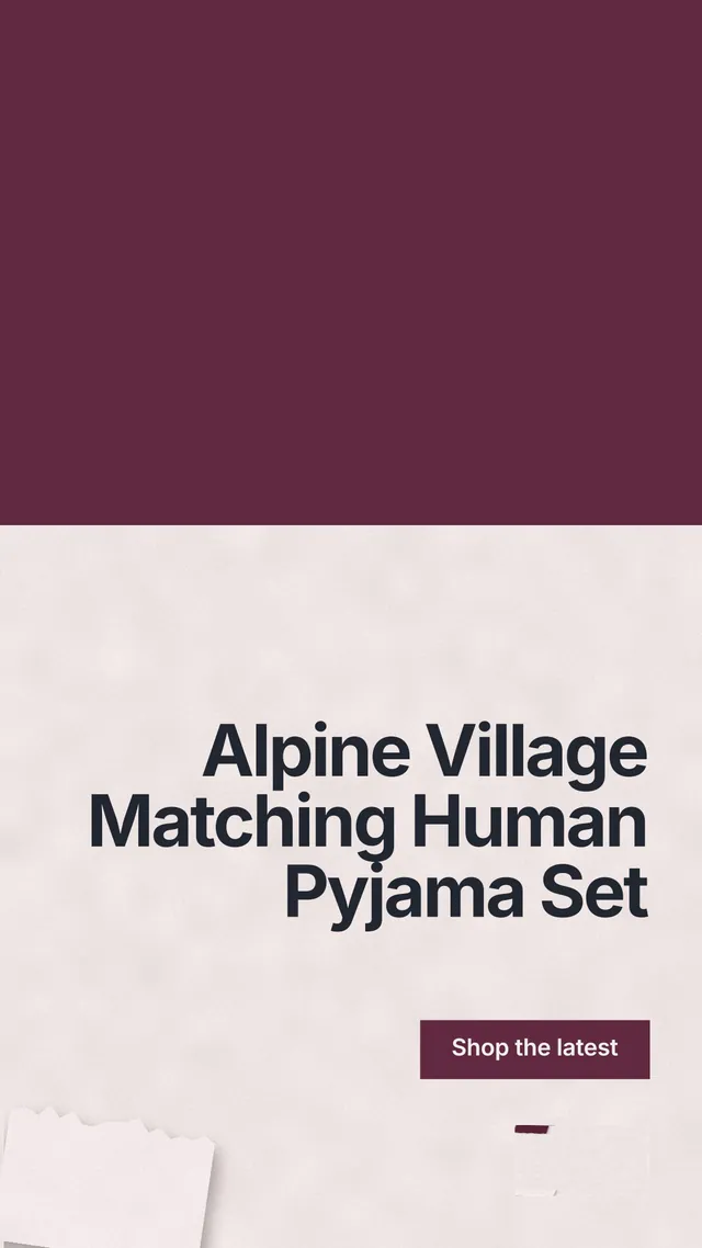 Instagram story for By Teddy: "Alpine Village Matching Human Pyjama Set". Swiss style, right layout, light palette in red.