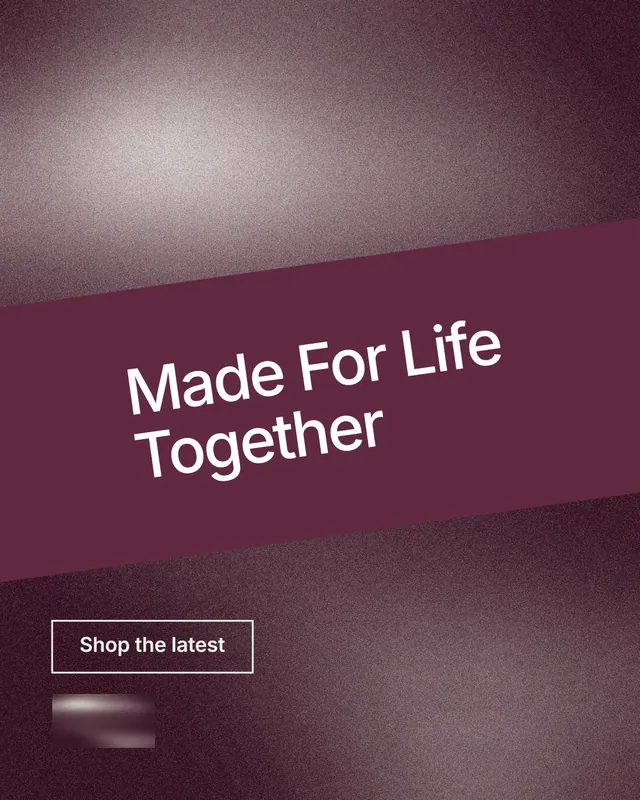 Instagram portrait post for By Teddy: "Made For Life Together". Cyanotype style, diagonal layout, dark palette in red, grey.