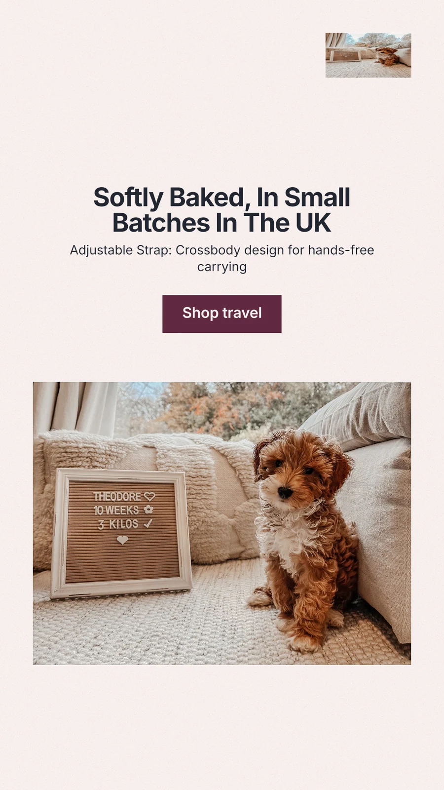 Instagram story for By Teddy: "Softly Baked, In Small Batches In The UK". Swiss style, centred layout, light palette in white, orange, grey.