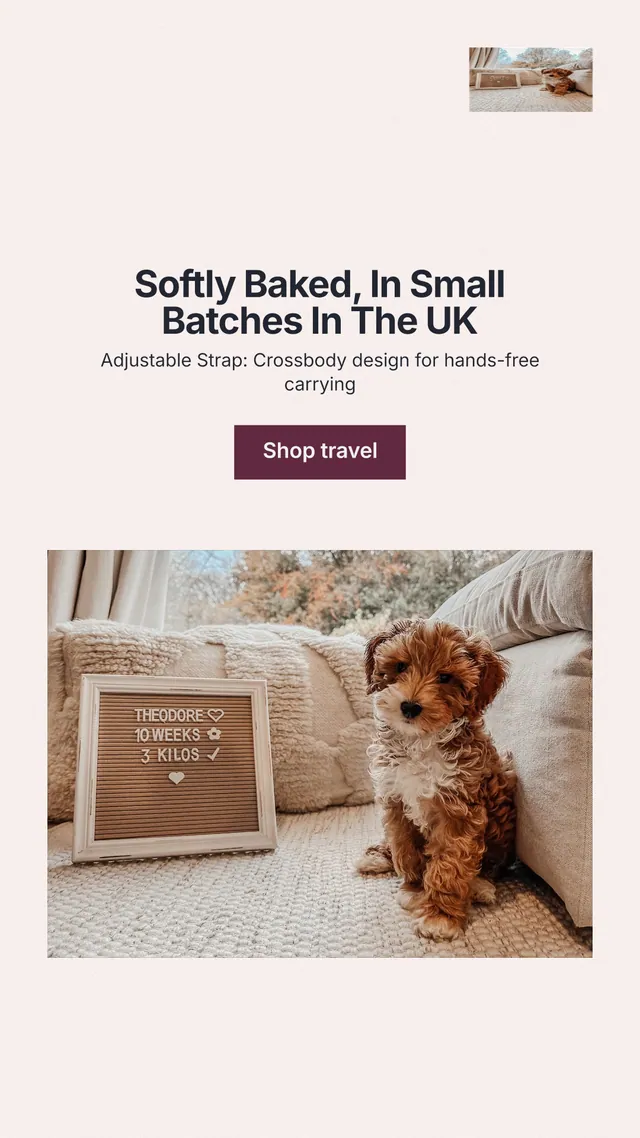 Instagram story for By Teddy: "Softly Baked, In Small Batches In The UK". Swiss style, centred layout, light palette in white, orange, grey.