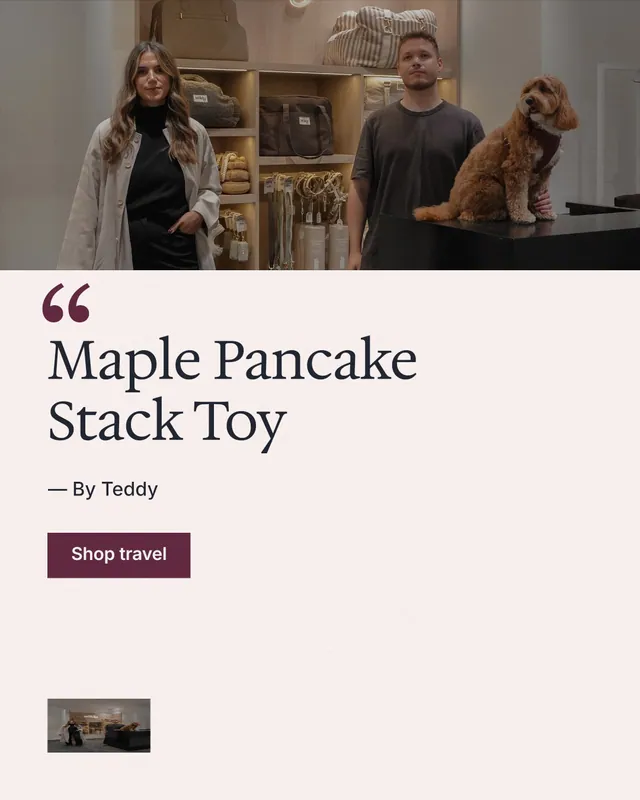 Instagram portrait post for By Teddy: "Maple Pancake Stack Toy". Swiss style, quote layout, light palette in white, orange, grey.