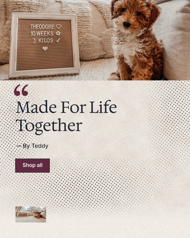 Instagram portrait post for By Teddy: "Made For Life Together". Ink sticker style, quote layout, light palette in orange, brown, grey.