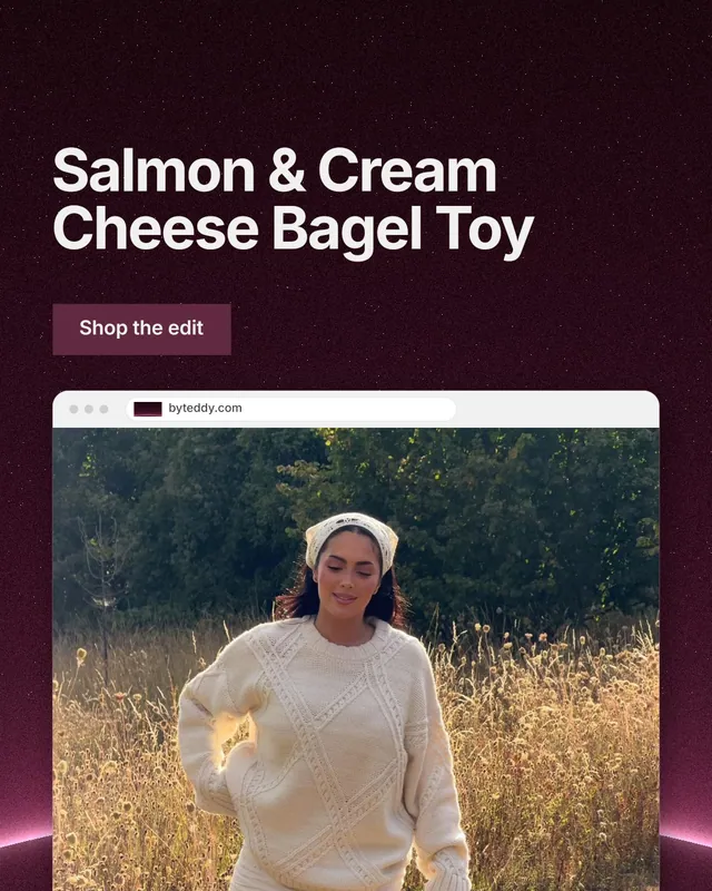 Instagram portrait post for By Teddy: "Salmon & Cream Cheese Bagel Toy". Swiss style, browser layout, dark palette in black, pink, brown.