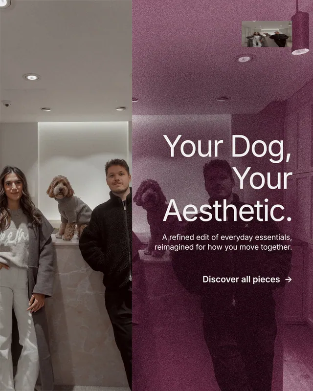 Instagram portrait post for By Teddy: "Your Dog, Your Aesthetic." Film still style, right layout, dark palette in red, grey.