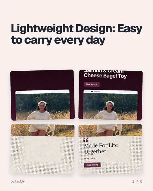 Carousel for By Teddy: "Lightweight Design: Easy to carry every day". Collection carousel, 8 slides, light palette.