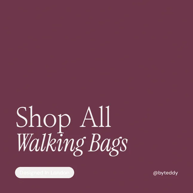 Instagram post for By Teddy: "Shop All Walking Bags". Caption style, technique:mixed type lockup layout, dark palette in red.