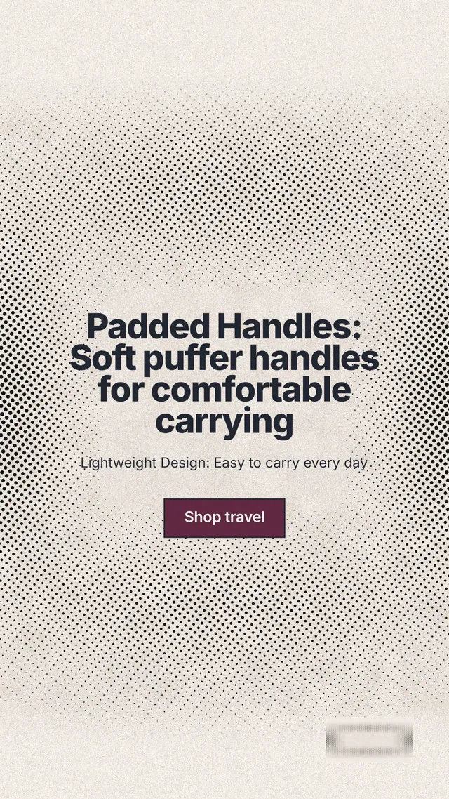 Instagram story for By Teddy: "Padded Handles: Soft puffer handles for comfortable carrying". Ink sticker style, centred layout, light palette in grey, white, orange.