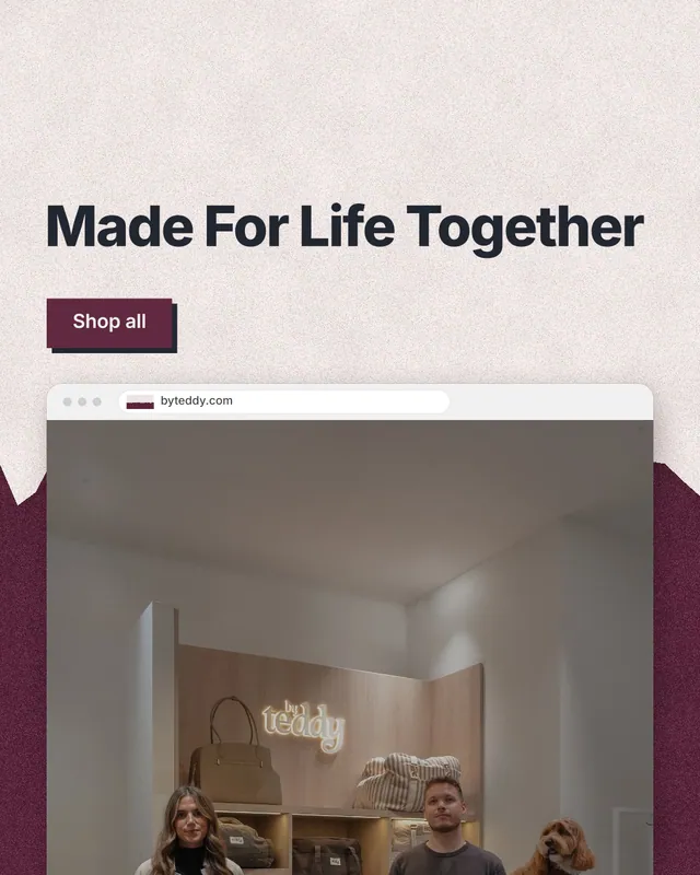 Instagram portrait post for By Teddy: "Made For Life Together". Paper trio style, browser layout, light palette in red, grey.