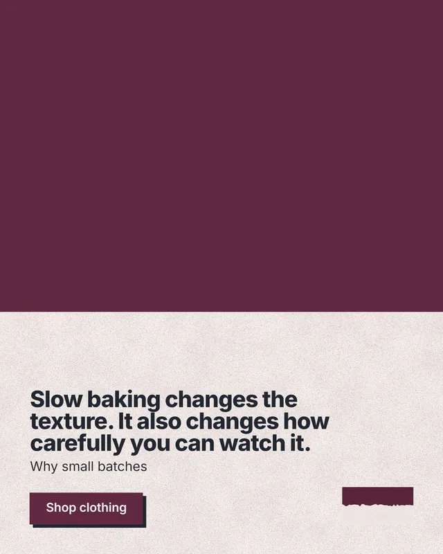 Instagram portrait post for By Teddy: "Slow baking changes the texture. It also changes how carefully you can watch it." Paper trio style, bottom layout, light palette in red, orange.