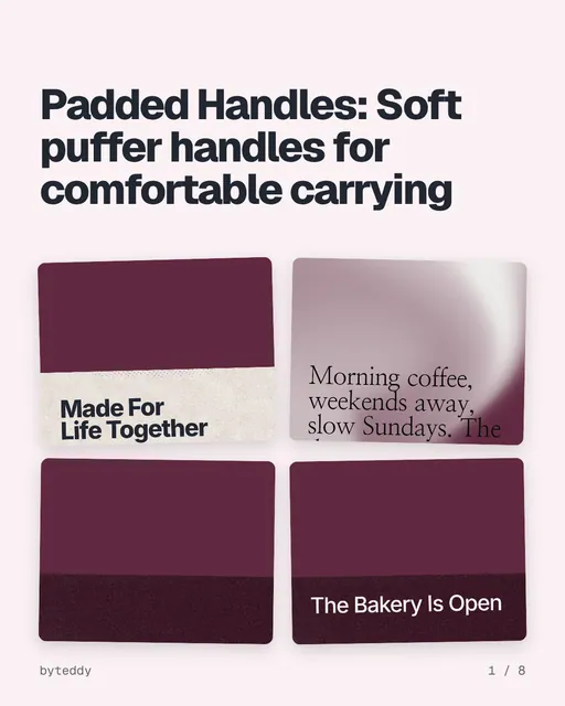 Carousel for By Teddy: "Padded Handles: Soft puffer handles for comfortable carrying". Collection carousel, 8 slides, light palette.