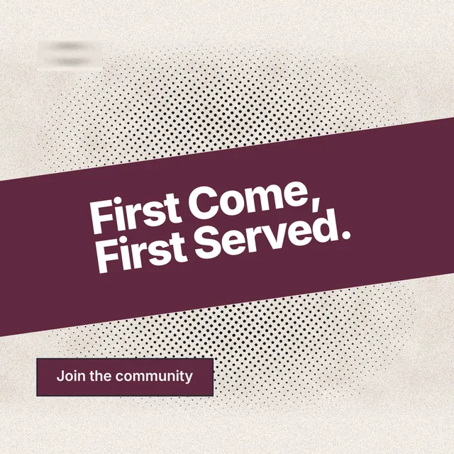 Instagram post for By Teddy: "First Come, First Served." Ink sticker style, diagonal layout, light palette in orange, red, grey.