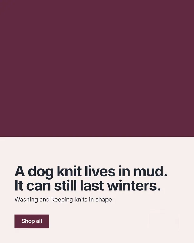 Instagram portrait post for By Teddy: "A dog knit lives in mud. It can still last winters." Swiss style, bottom layout, light palette in red, white, grey.