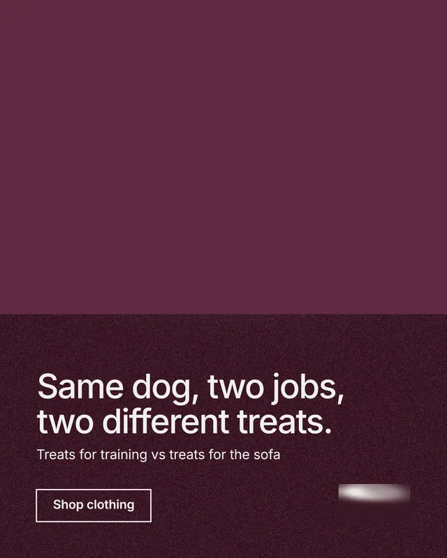 Instagram portrait post for By Teddy: "Same dog, two jobs, two different treats." Cyanotype style, bottom layout, dark palette in red, grey.