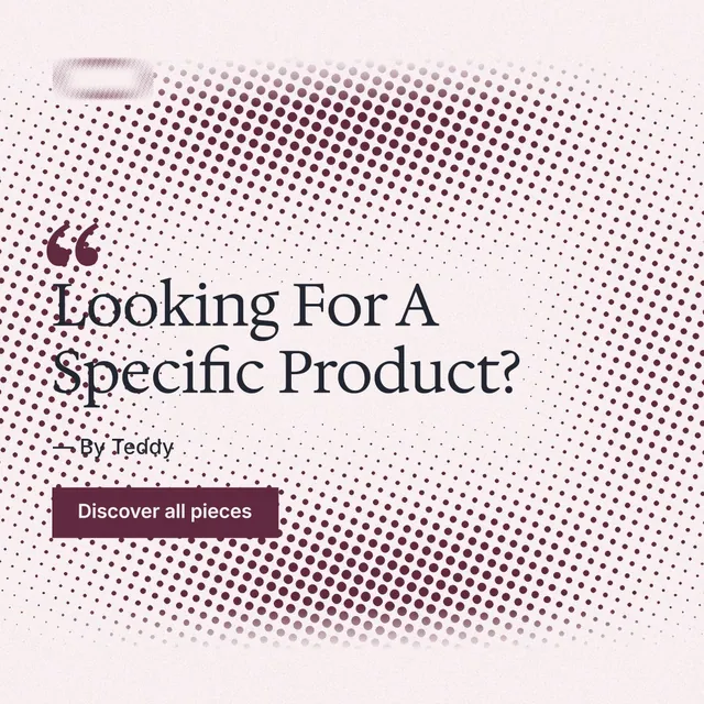 Instagram post for By Teddy: "Looking For A Specific Product?" Swiss style, quote layout, light palette in red, grey, white.