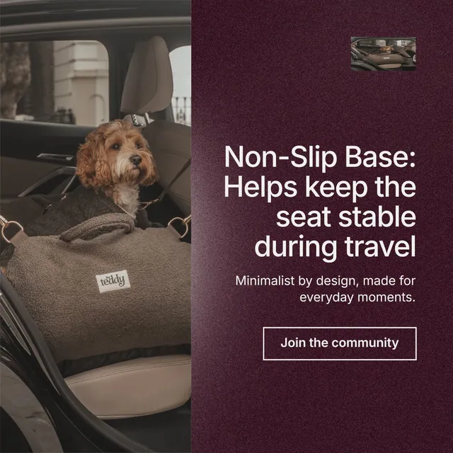 Instagram post for By Teddy: "Non-Slip Base: Helps keep the seat stable during travel". Cyanotype style, right layout, dark palette in red, grey.