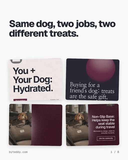 Carousel for By Teddy: "Same dog, two jobs, two different treats.". Collection carousel, 8 slides, light palette.