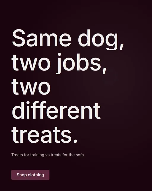 Video for By Teddy: "Same dog, two jobs, two different treats.". Doc motion loop, 7.0 s, dark palette.