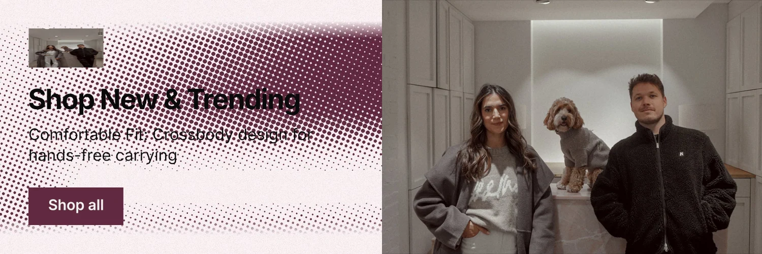 X header for By Teddy: "Shop New & Trending". Swiss style, bottom layout, light palette in white, grey, red.