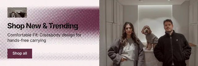 X header for By Teddy: "Shop New & Trending". Swiss style, bottom layout, light palette in white, grey, red.