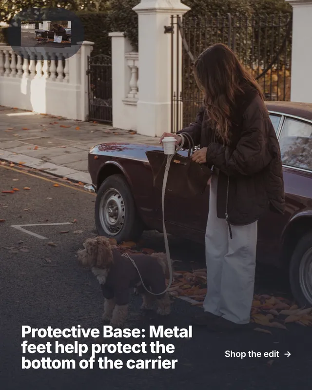 Instagram portrait post for By Teddy: "Protective Base: Metal feet help protect the bottom of the carrier". Paper trio style, image led layout, dark palette in grey, black.