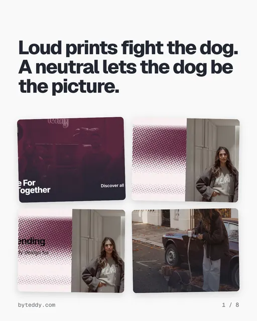 Carousel for By Teddy: "Loud prints fight the dog. A neutral lets the dog be the picture.". Collection carousel, 8 slides, light palette.