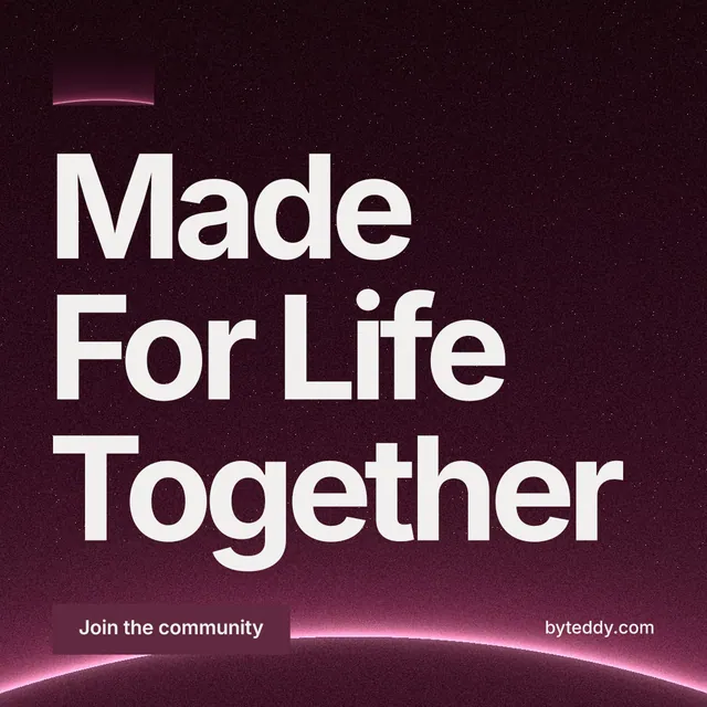 Instagram post for By Teddy: "Made For Life Together". Swiss style, poster layout, dark palette in black, pink, white.