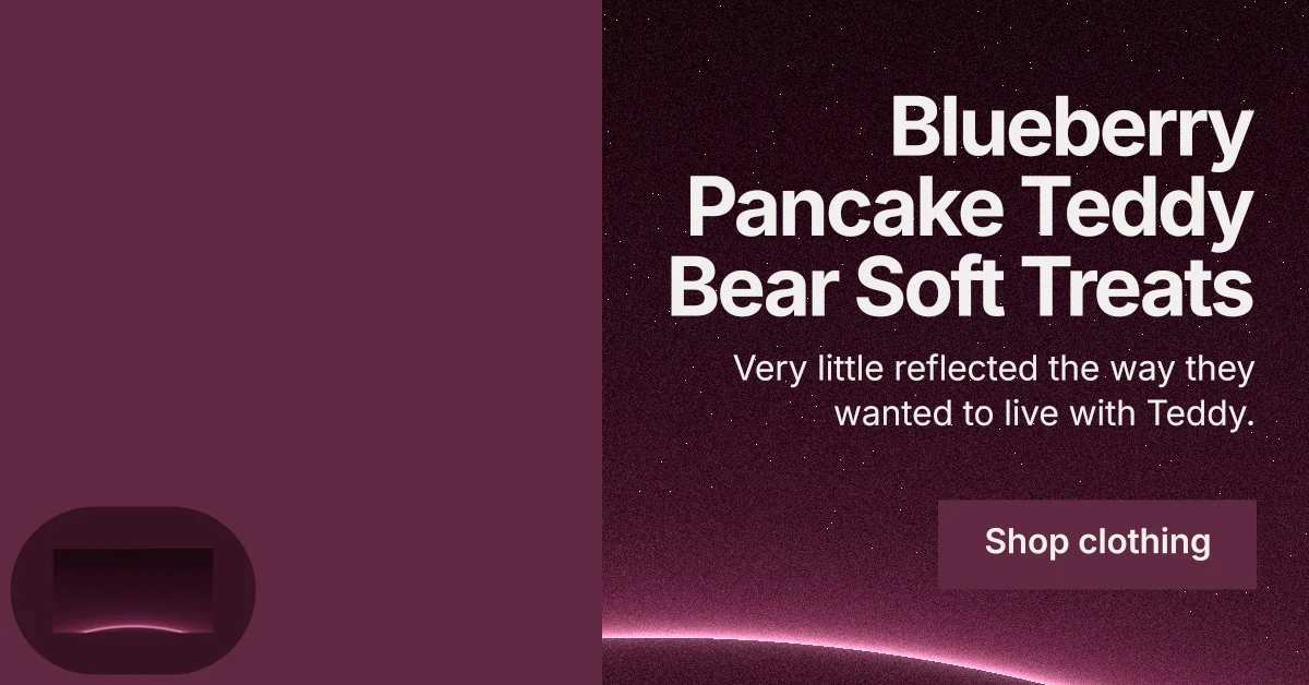 Social ad for By Teddy: "Blueberry Pancake Teddy Bear Soft Treats". Swiss style, right layout, dark palette in red, black, pink.