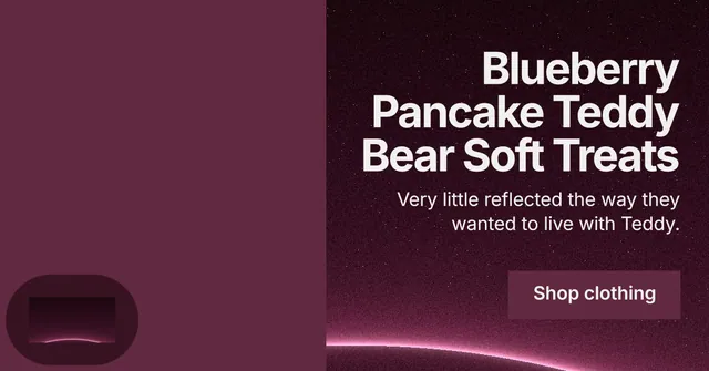 Social ad for By Teddy: "Blueberry Pancake Teddy Bear Soft Treats". Swiss style, right layout, dark palette in red, black, pink.
