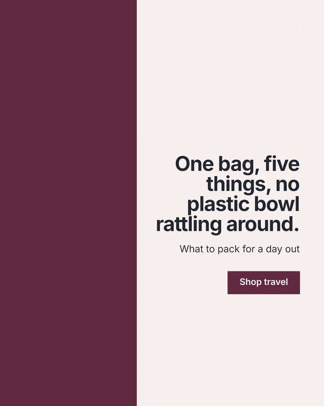 Instagram portrait post for By Teddy: "One bag, five things, no plastic bowl rattling around." Swiss style, right layout, light palette in white, red.