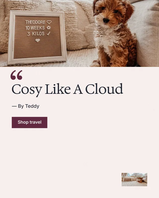 Instagram portrait post for By Teddy: "Cosy Like A Cloud". Swiss style, quote layout, light palette in white, brown, grey.