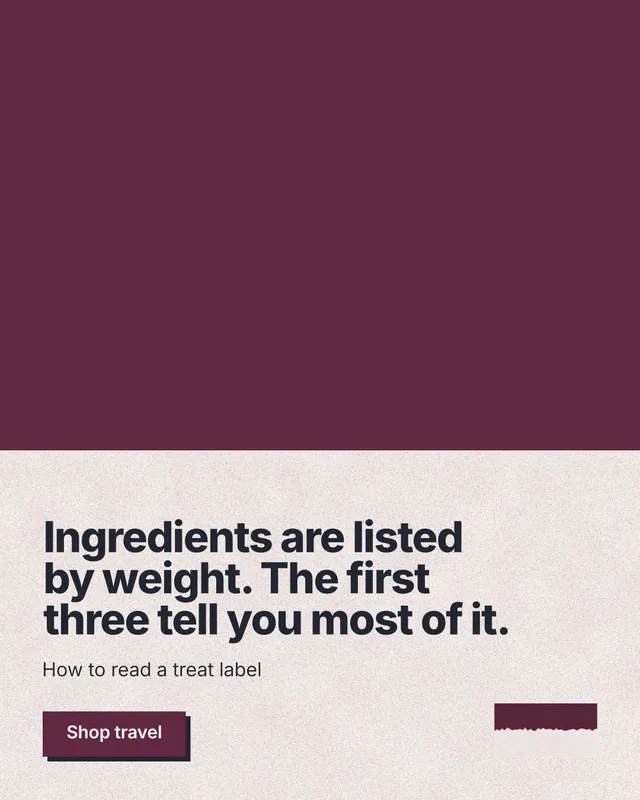 Instagram portrait post for By Teddy: "Ingredients are listed by weight. The first three tell you most of it." Paper trio style, bottom layout, light palette in red, orange, grey.