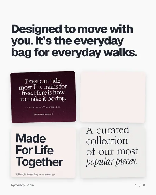 Carousel for By Teddy: "Designed to move with you. It’s the everyday bag for everyday walks.". Collection carousel, 8 slides, light palette.