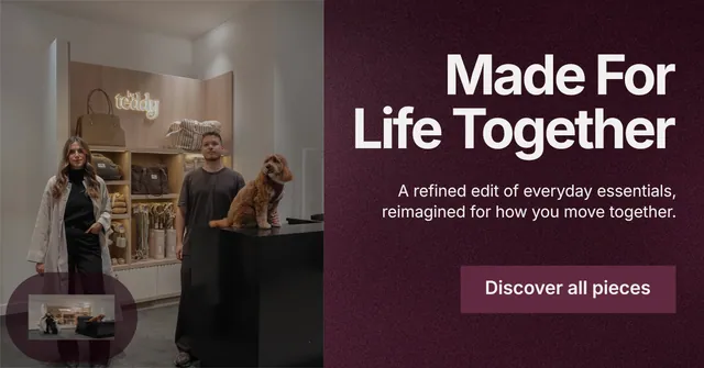 Social ad for By Teddy: "Made For Life Together". Swiss style, right layout, dark palette in grey, pink, black.