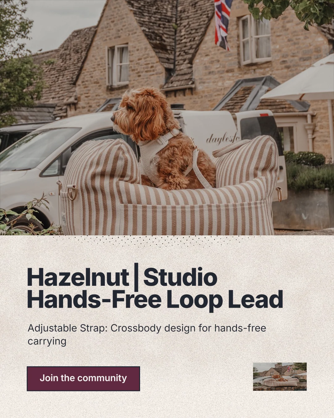 Instagram portrait post for By Teddy: "Hazelnut┃Studio Hands-Free Loop Lead". Ink sticker style, bottom layout, light palette in grey, orange.