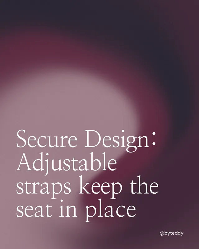 Instagram portrait post for By Teddy: "Secure Design: Adjustable straps keep the seat in place". Auto 4x5 style, technique:shader field layout, dark palette in grey, black, pink.