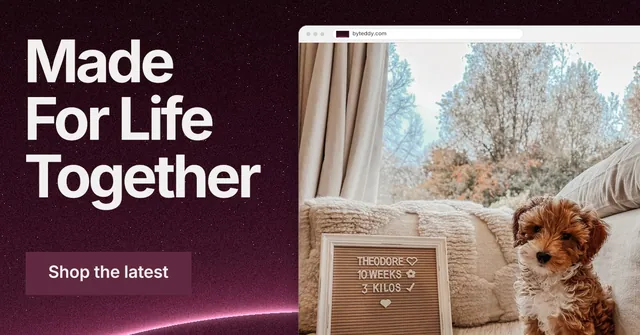 Social ad for By Teddy: "Made For Life Together". Swiss style, browser layout, dark palette in black, grey, red.