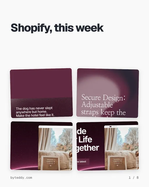 Carousel for By Teddy: "Shopify, this week". Collection carousel, 8 slides, light palette.