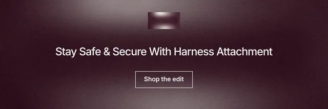 X header for By Teddy: "Stay Safe & Secure With Harness Attachment". Cyanotype style, centred layout, dark palette in red, grey.