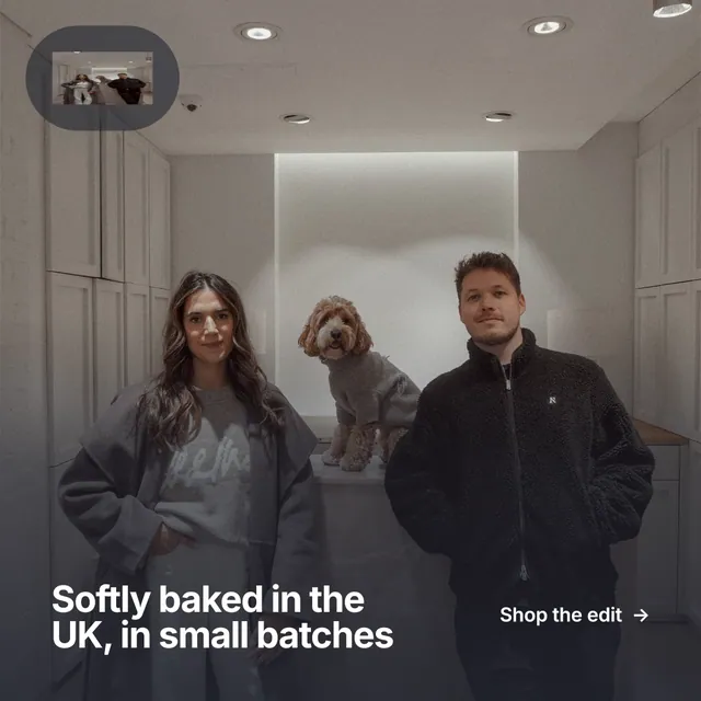 Instagram post for By Teddy: "Softly baked in the UK, in small batches". Swiss style, image led layout, dark palette in black, grey.