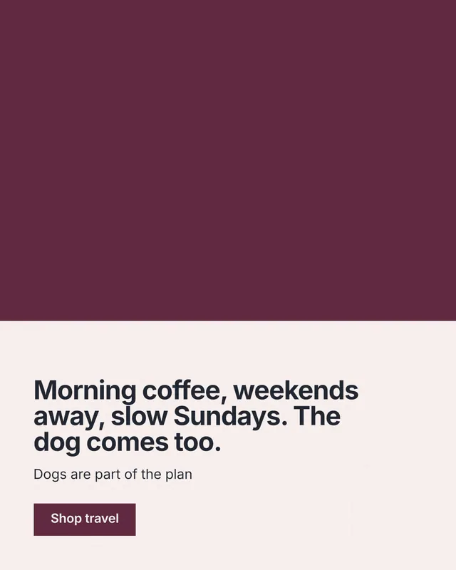 Instagram portrait post for By Teddy: "Morning coffee, weekends away, slow Sundays. The dog comes too." Swiss style, bottom layout, light palette in red, white, grey.