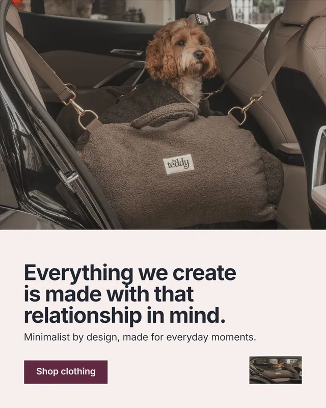 Instagram portrait post for By Teddy: "Everything we create is made with that relationship in mind." Swiss style, bottom layout, light palette in grey, black, white.